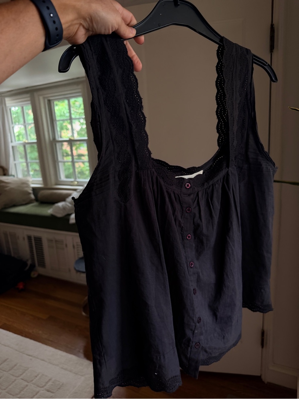 THE GREAT. Black Lace-Trim Button Down Tank